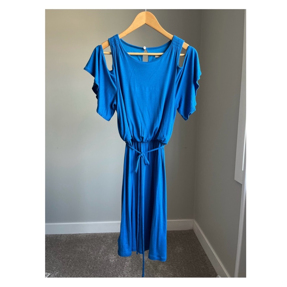 Blue LOFT dress - Size XS - Elastic Waist With Tie - Cut Out Shoulder, Lined